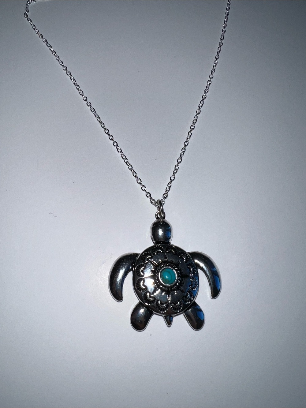 Silver Turtle Pendant Necklace with Turquoise Accent Boho Coastal - Picture 4 of 4